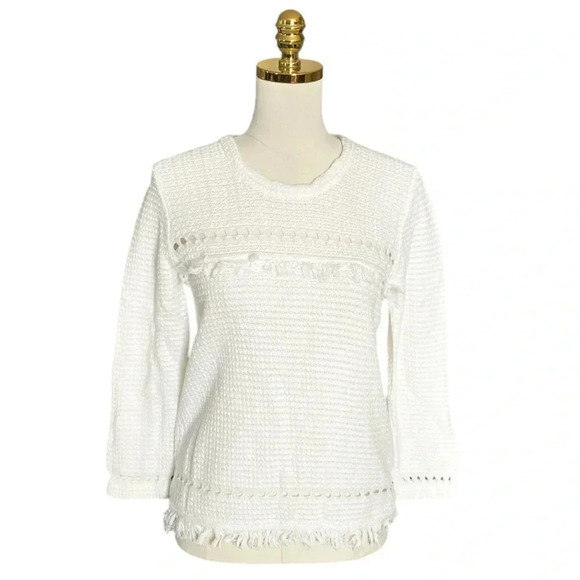 J. CREW | Boho White Cotton Fringe Crewneck Knit Sweater Long Sleeve Size Small - Picture 1 of 10